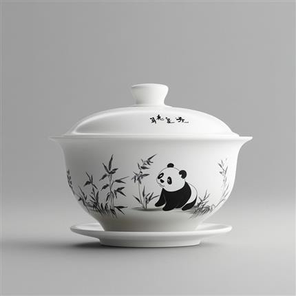 竹影熊趣-熊猫竹趣盖碗-为您的茶席增添自然之美！