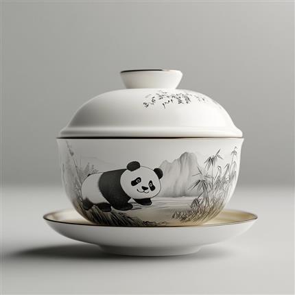 熊猫山水-山水熊影盖碗-为您的茶席增添自然与文化的韵味！