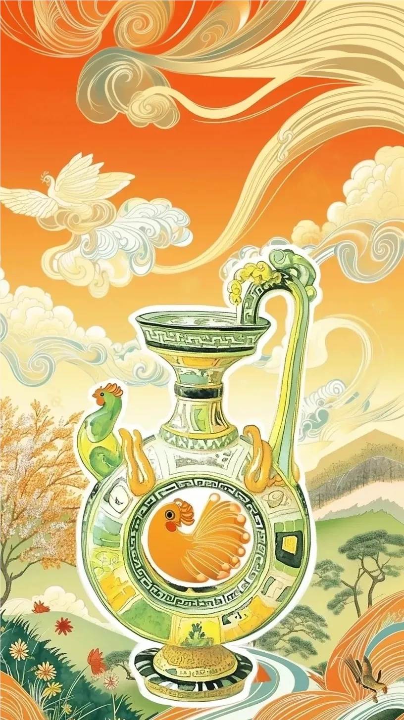 青釉鸡首壶,祥云瑞景中的古韵新章 1